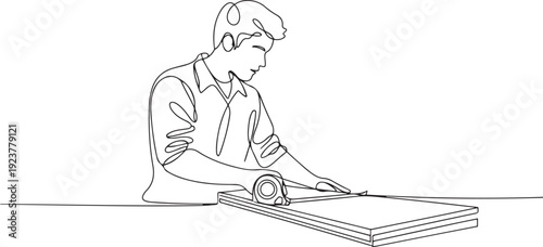 One continuous line drawing of young handsome handyman measuring wooden board to cut. Building construction service concept. one line Icon drawing