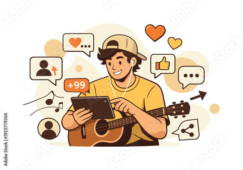 Fan interaction online. Comments, shares, and hearts hover over a musician engaging through