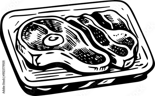 Raw Beef Steaks in Styrofoam Tray Black and White Line Art Vector