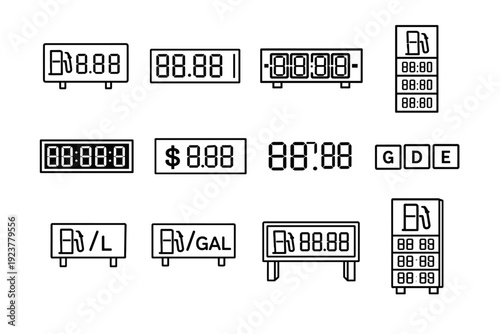 Fuel Price Icons. Fuel Price Display. Line icon set of Fuel Price Display: fuel price sign, digital fuel price board, analog fuel price board, gas station