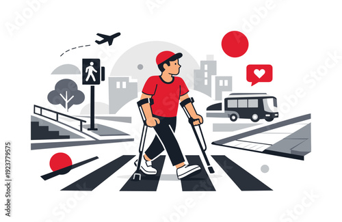 Accessible city life. Person with crutches crossing a pedestrian street, ramps and smooth