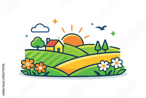 Spring landscape minimal countryside silhouette with fields, flowers, and light decorative accents conveying freshness, openness, and