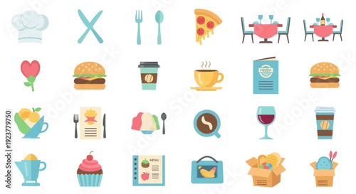A collection of colorful flat design icons related to food, drinks, and restaurant elements