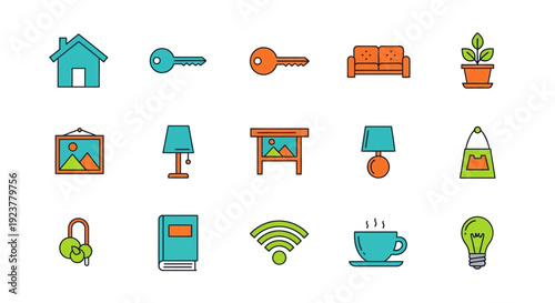 A collection of colorful flat icons representing home, lifestyle, and modern technology