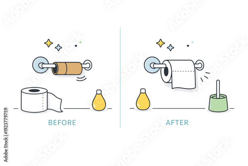 Domestic routine illustration. A clean, simple scene showing the before-and-after moment of changing a toilet paper roll. The feeling is
