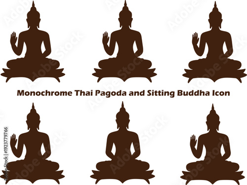 Six distinct black silhouettes depicting sitting Buddha statues with a raised hand gesture