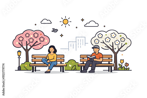 Spring city park people sitting on benches under blossoming trees, conveying rest, mindfulness, and warm spring atmosphere in the city. Minimalist flat vector