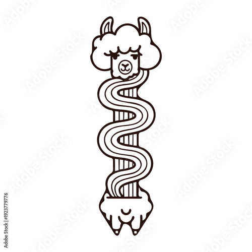 Black and white line drawing llama with snake wrapped around body  animal illustration