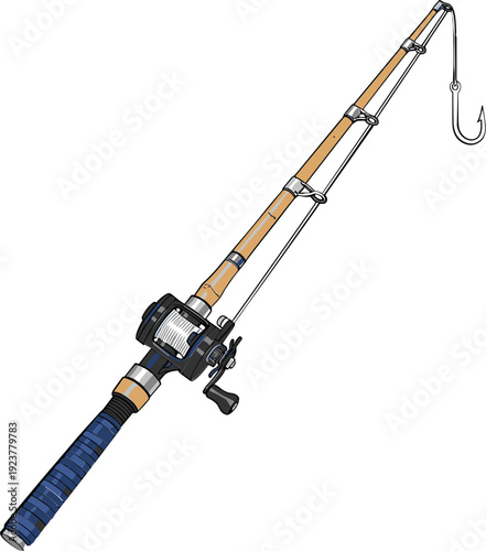 Professional fishing rod and reel vector illustration with a hook for fishing sports outdoor hobby and recreation design,