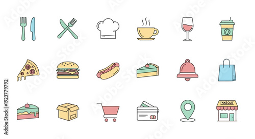 A collection of colorful food and restaurant related icons, perfect for web and app design