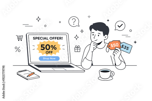 Promotions and discounts in advertising. Online shopping scene with a laptop showing a special offer, person comparing prices thoughtfully.