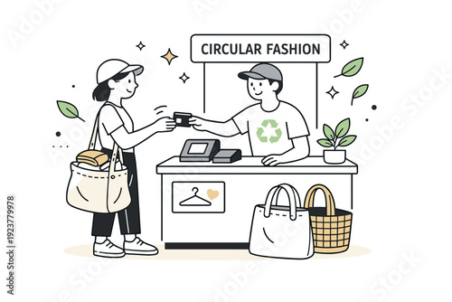 local circular fashion purchase. A customer paying at a small pop-up checkout counter with reusable bags, subtle floating stars and leaves