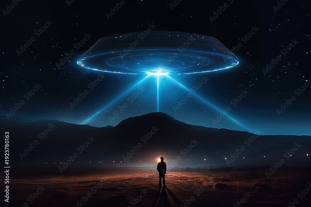 Fototapeta premium Alien UFO Encounter Over Mountain Landscape at Night – Sci Fi Concept Scene