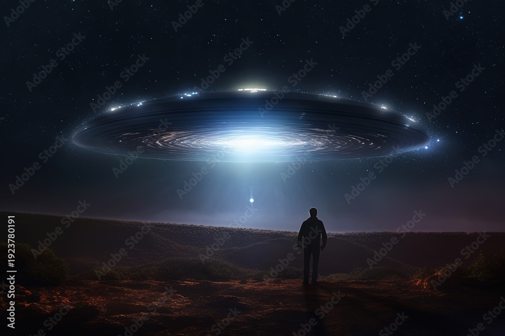 Fototapeta premium Alien UFO Encounter Over Mountain Landscape at Night – Sci Fi Concept Scene