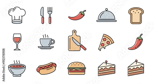 A culinary illustration featuring diverse food icons for cooking and dining themes