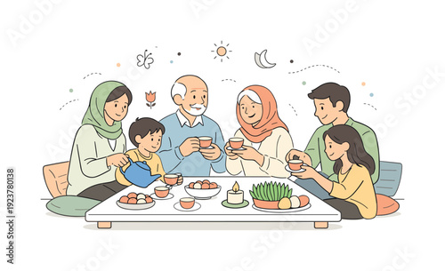 Multi-generational family enjoying tea together during a festive celebration with traditional elements