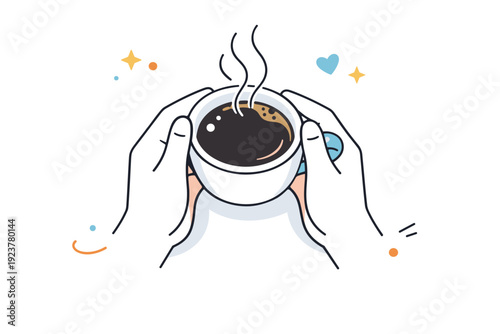 Hands holding objects. A hand holds a cup of coffee seen from a top-down angle. Quiet pause moment with simple steam lines and open space. Minimalist flat