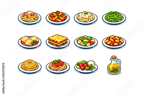 Italian pasta. Colorful isometric vector icons set of Italian pasta: spaghetti carbonara, penne arrabbiata, fettuccine alfredo, linguine pesto, ravioli