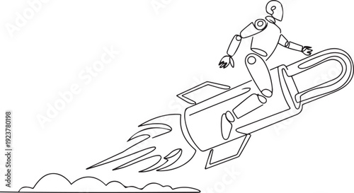 Single one line drawing robot riding padlock rocket flying in sky. Improve tech business security. Robotic artificial intelligence technology. one line Icon drawing