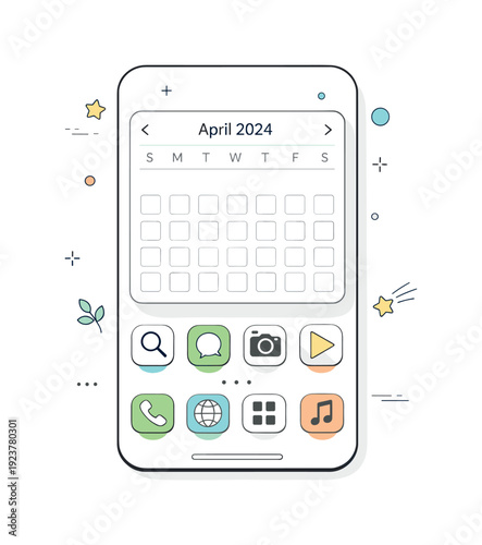Calendars without events. A mobile phone home screen showing a blank calendar widget, background softly blurred. Minimal editorial focus on