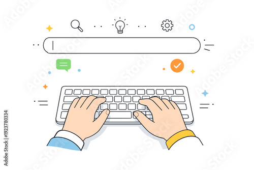 Search without query visuals. Close-up of hands hovering above a keyboard with a clean interface above. Ready for input, but no direction