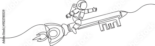 Single one line drawing of young astronaut riding key rocket flying in moon surface. Searching success key of space exploration. Cosmic galaxy space concept. one line Icon drawing