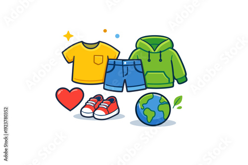 Ethical kids fashion choices a simple wardrobe capsule with small shoes and clothes paired with a heart and planet symbol, representing