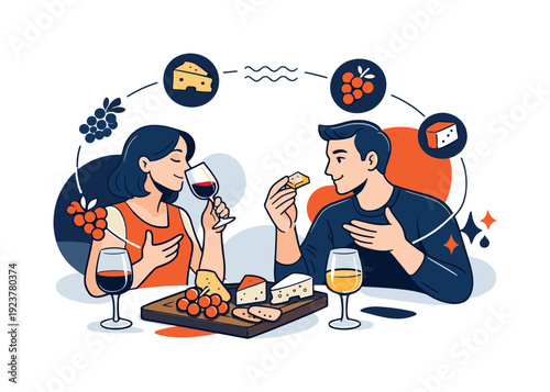Wine and cheese pairing. Guests comparing textures and notes, grapes and rind icons orbiting