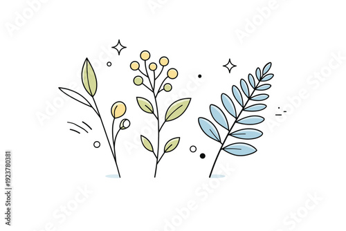 Wild plants close up. Delicate leaves, stems and small buds shown in macro-inspired composition, capturing quiet details of nature. Calm, observational