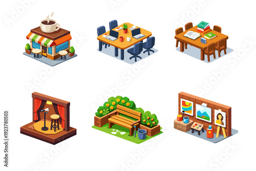 Third place. Isometric flat vector icons set of third place community items: neighborhood coffee shop, shared coworking desk, public library table, open mic