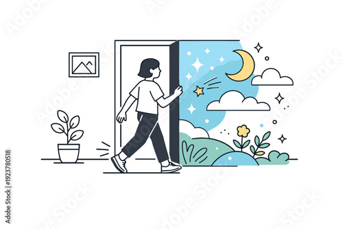 Magical Transition Journey. From ordinary to extraordinary. An editorial-style scene showing a character stepping from a simple environment into a softly