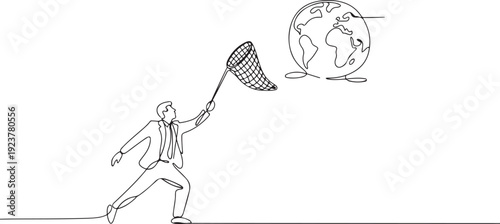 Single continuous line drawing businessman try to catching flying globe with butterfly net. Business trip and travel. Globalization international partnership. one line Icon drawing