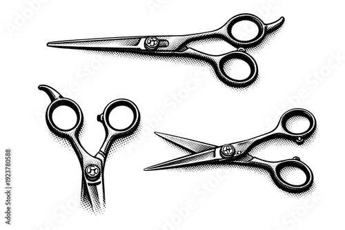 Classic scissors, A barber scissors depicted as a single isolated object in three views highlighting finger rest, slender blades, and