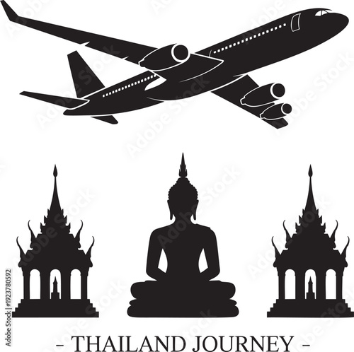 A black silhouette of an airplane flying above traditional Thai temples and a serene Buddha figure