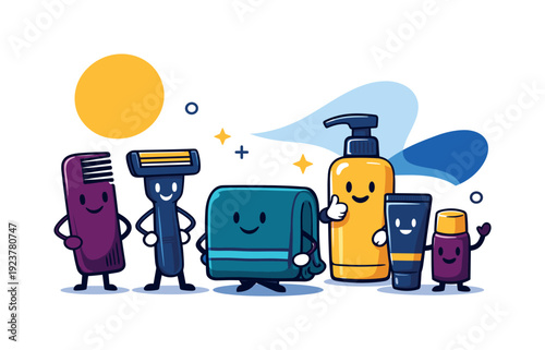 Clean grooming essentials. Comb, razor, towel and hygiene products aligned in an orderly