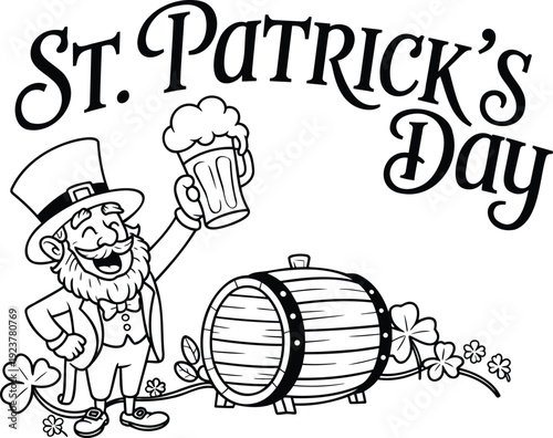 A cheerful leprechaun holding a frothy pint of beer next to a barrel for St Patricks Day
