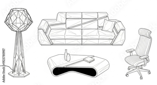 Elegant furniture set featuring a modern sofa, chair, lamp, and coffee table.