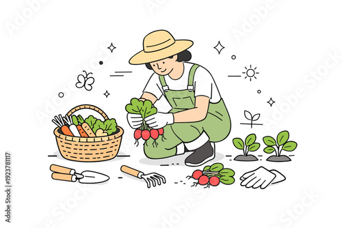 Gardening progress. Person harvesting early vegetables with calm focus and care. Basket, leaves, and garden tools arranged neatly around. Minimalist flat