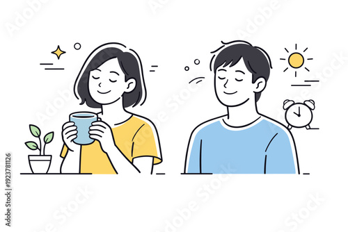 Morning light on faces. One or two people gently lit by early daylight, relaxed expressions and neutral posture. Scene suggests a quiet start of the day and