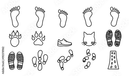 Footprint Outline Icon Set Human Pet Shoe Step Line Vector Collection Transparent Background