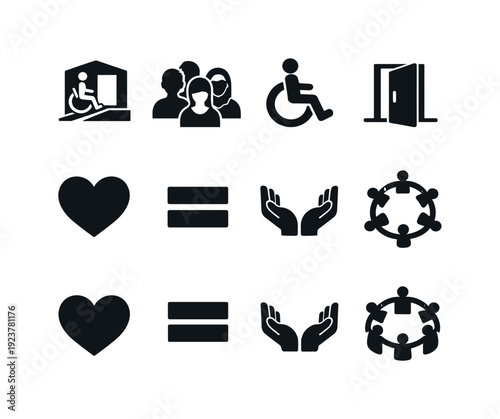 Inclusive spaces. Filled icon set of Inclusive spaces: accessible entrance, diverse people