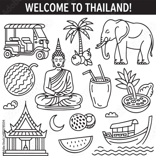A delightful line art doodle set showcasing iconic symbols and elements of Thai culture and travel