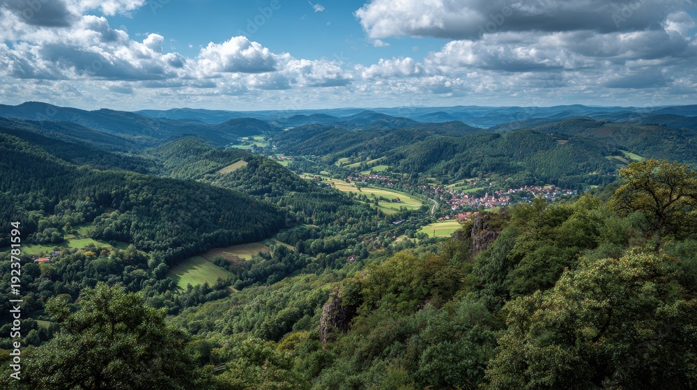 Fototapeta premium Panoramic landscape view of a lush green valley with a small village nestled among rolling hills and dense forests under a cloudy blue sky