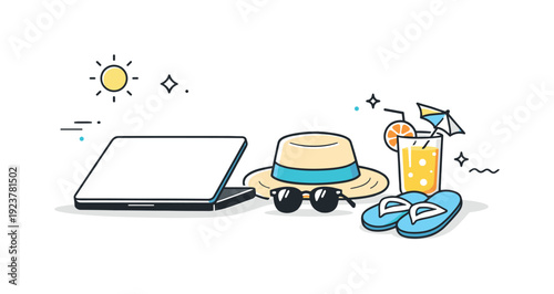 Workdays mixed with vacation vibes. A calm end-of-task moment shows a closed laptop beside leisure items, symbolizing smooth transitions