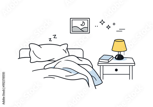 Ambient loneliness interiors. An unmade bed and a small bedside lamp switched on in an otherwise quiet room. Editorial interior moment