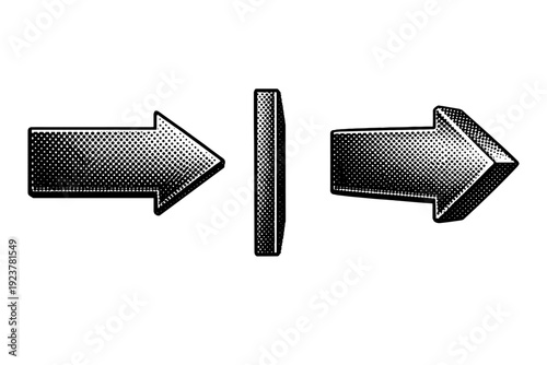 Halftone dotted signboard arrow direction sign A directional arrow signboard is shown as a single object from three different views: front