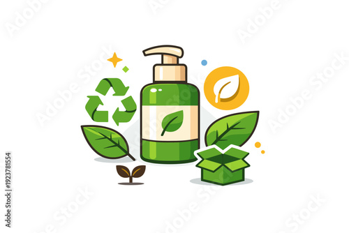 Sustainable beauty packaging featuring a minimalist cosmetic bottle surrounded by leaves and recycling symbols, conveying eco-conscious