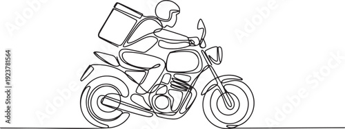 Continuous one line drawing pizza delivery man riding a motorbike and carrying a package bag. Fast food delivery. Pizza Delivery Driver Appreciation Day. one line Icon drawing