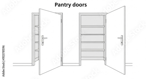 Pantry doors illustration showcasing open and closed storage with shelves for food organization.