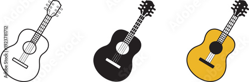 Guitar icons in outline, black silhouette, and yellow body for music instrument symbol representation